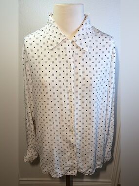 Halston Women’s Logo Print Blouse Size 12 Long Sleeve Designer Button Down